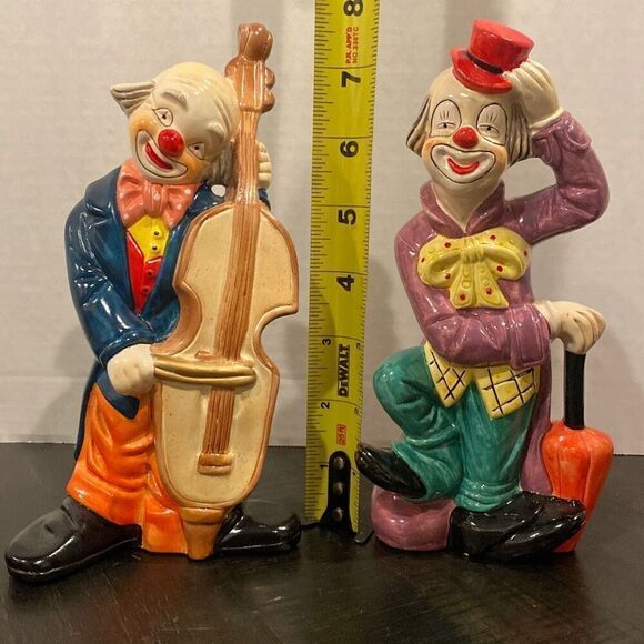 Vintage Clown Figurines Ceramic SET OF 2 Hand Painted 7.5” w Cello and Red Hat - Picture 7 of 7